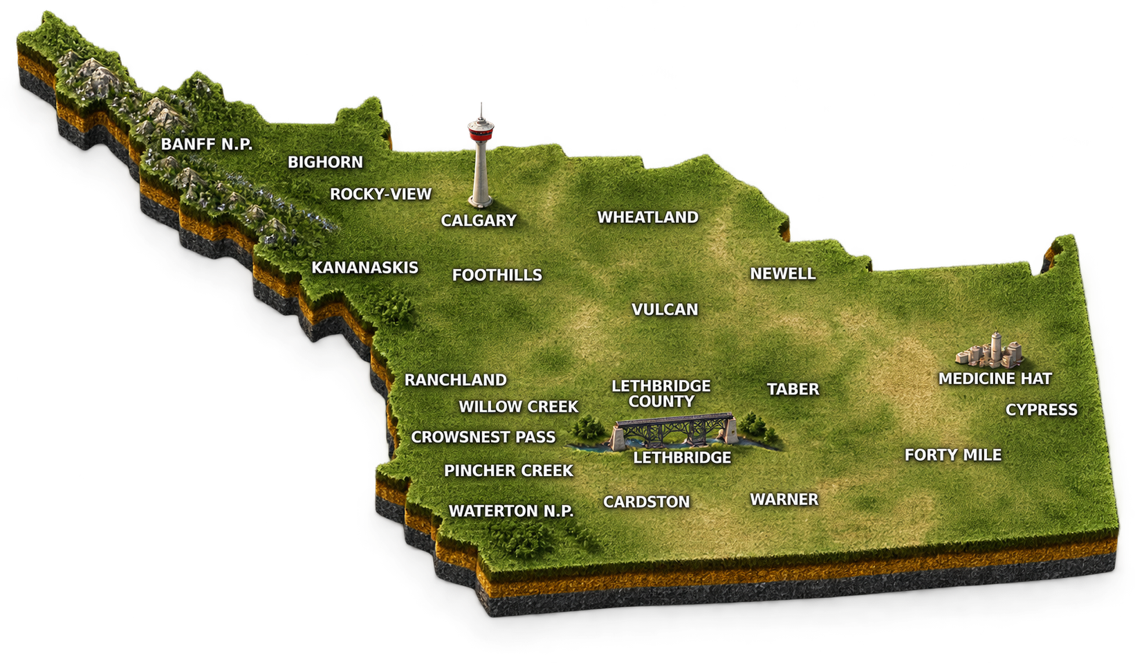 Illustrated map of Southern Alberta counties and coverage areas