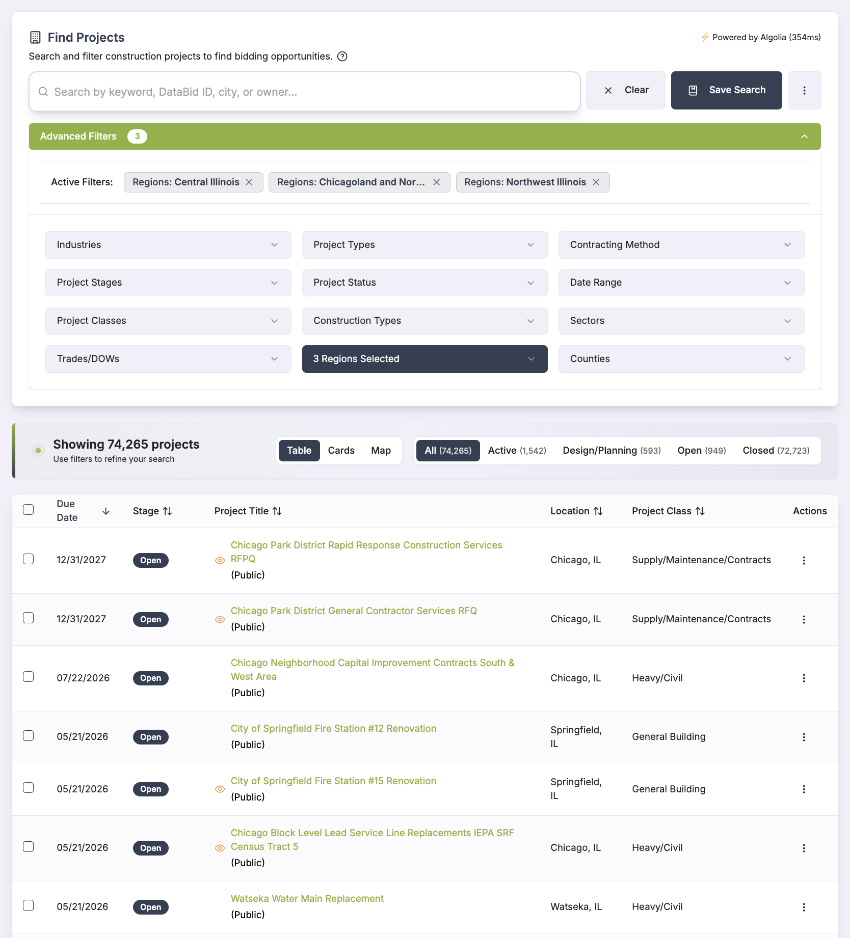DataBid Project Search Interface with advanced filters and project results